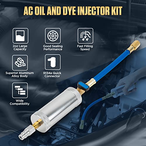 KAISAL AC Oil Injector Tool R134A R410A R22 R12 Refrigerant Compressor Oil Dye Injector 2Oz AC Dye Kit Well-sealed AC Oil Injector Kit Fast AC Recharge Kit with 1/4" SAE Thread&R134a Quick Coupler HVAC Tools - Image 2