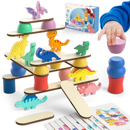 JAiiMen Montessori Dinosaur Toys for 1 2 3 4 Year Old Toddlers Preschool Education Toys for Ages 24 Boys Girls Kids Wooden Dinosaur Blocks Sorting Stacking Balance Toy Educational Birthday Gift - Image 1
