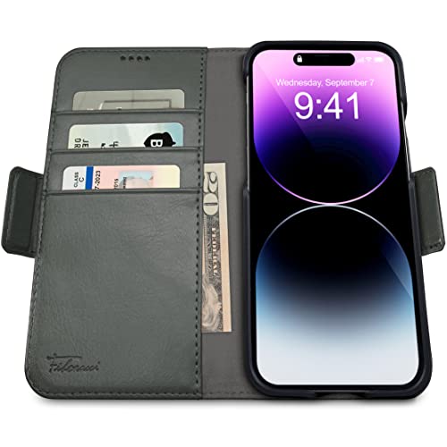 Dreem Wallet Case for iPhone 14 Plus, 2 Way Phone Stand, Magnetic Detachable Vegan Leather Flip Cover RFID Blocking Card Holder, MagSafe-Fit, Gift Box [Fibonacci: Grey] - Image 2