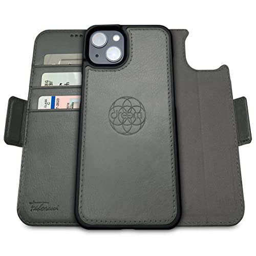 Dreem Wallet Case for iPhone 14 Plus, 2 Way Phone Stand, Magnetic Detachable Vegan Leather Flip Cover RFID Blocking Card Holder, MagSafe-Fit, Gift Box [Fibonacci: Grey] - Image 1