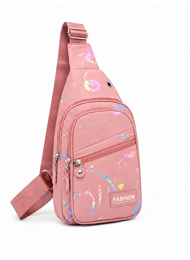 FASHION Girls' crossbody bag with a modern design and multiple zippers – pink color with glittery graphics – lightweight and practical for everyday use - Image 1