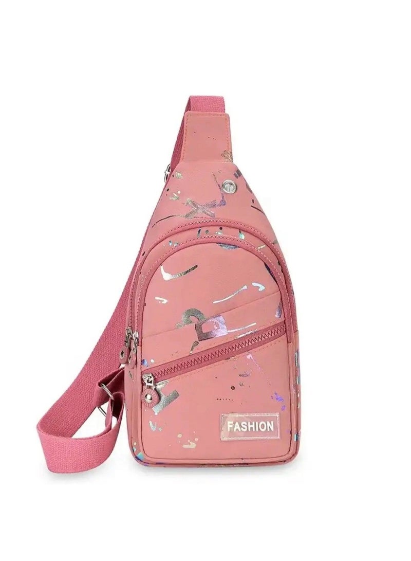 FASHION Girls' crossbody bag with a modern design and multiple zippers – pink color with glittery graphics – lightweight and practical for everyday use - Image 2