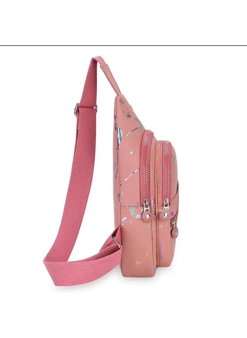 FASHION Girls' crossbody bag with a modern design and multiple zippers – pink color with glittery graphics – lightweight and practical for everyday use - Image 5