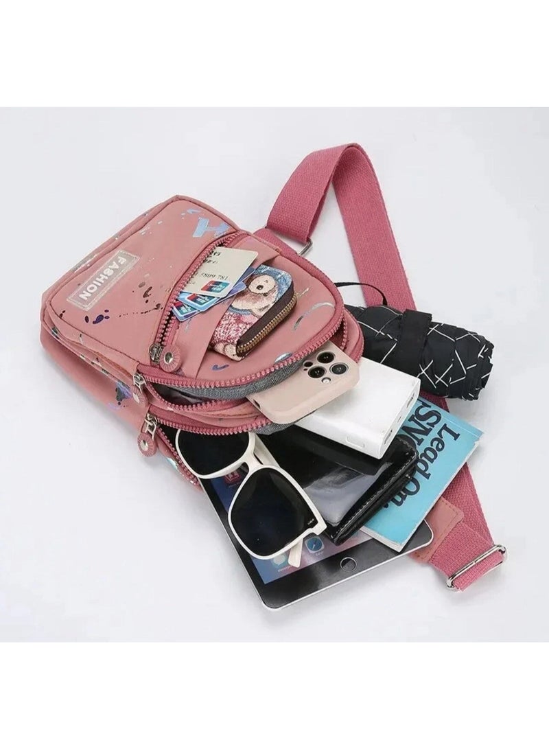 FASHION Girls' crossbody bag with a modern design and multiple zippers – pink color with glittery graphics – lightweight and practical for everyday use - Image 3