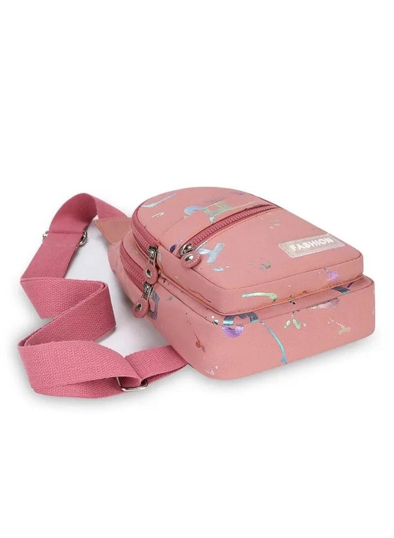 FASHION Girls' crossbody bag with a modern design and multiple zippers – pink color with glittery graphics – lightweight and practical for everyday use - Image 4