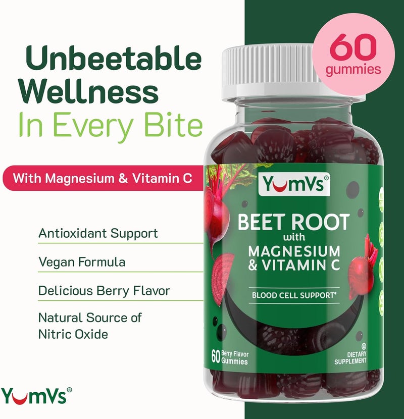 YumVs يوم في إس حلوى جذر الشمندر مع المغنيسيوم وفيتامين سي بنكهة التوت حلوى الشمندر مضغوطات الشمندر لدعم الدورة الدموية ومضادات الأكسدة حلوى الشمندر الحمراء 60 حبة عبوة من 1 - Image 2