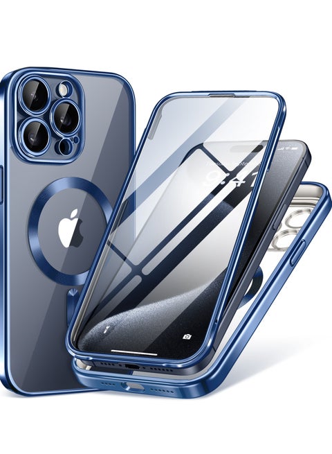 جراب مغناطيسي لهاتف iPhone 15 Pro Max، متوافق مع Magsafe، واقي شاشة مدمج من الزجاج المقوى 9H وحماية كاملة للكاميرا، جراب هاتف مقاوم للصدمات مطلي بالكامل لهاتف 15 Pro Max، أزرق