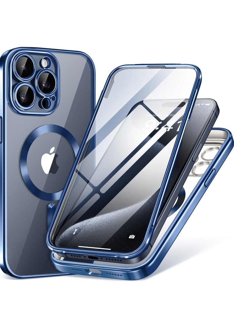بيرفي جراب مغناطيسي لهاتف iPhone 15 Pro Max، متوافق مع Magsafe، واقي شاشة مدمج من الزجاج المقوى 9H وحماية كاملة للكاميرا، جراب هاتف مقاوم للصدمات مطلي بالكامل لهاتف 15 Pro Max، أزرق - Image 1