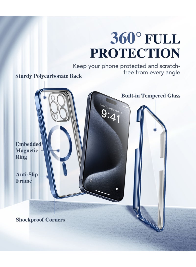 بيرفي جراب مغناطيسي لهاتف iPhone 15 Pro Max، متوافق مع Magsafe، واقي شاشة مدمج من الزجاج المقوى 9H وحماية كاملة للكاميرا، جراب هاتف مقاوم للصدمات مطلي بالكامل لهاتف 15 Pro Max، أزرق - Image 2