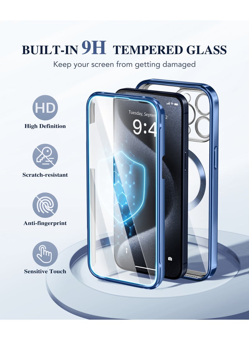 بيرفي جراب مغناطيسي لهاتف iPhone 15 Pro Max، متوافق مع Magsafe، واقي شاشة مدمج من الزجاج المقوى 9H وحماية كاملة للكاميرا، جراب هاتف مقاوم للصدمات مطلي بالكامل لهاتف 15 Pro Max، أزرق - Image 4