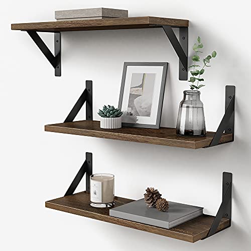 Rustic Floating Shelves Wall Mounted Set of 3 17 Inch Natural Wood Wall Shelves Decor Storage Shelf for Bedroom Bathroom Living Room Office Pictures Plants Books Cats TV Rustic Brown