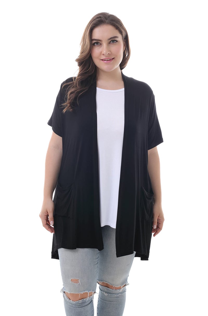 ZERDOCEAN Women's Plus Size Short Sleeve Lightweight Soft Printed Drape Cardigan with Pockets Black 3X - Image 1