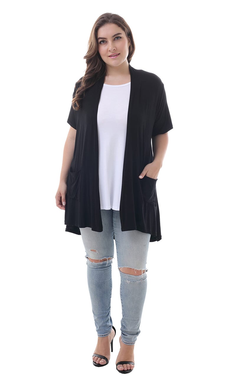 ZERDOCEAN Women's Plus Size Short Sleeve Lightweight Soft Printed Drape Cardigan with Pockets Black 3X - Image 4
