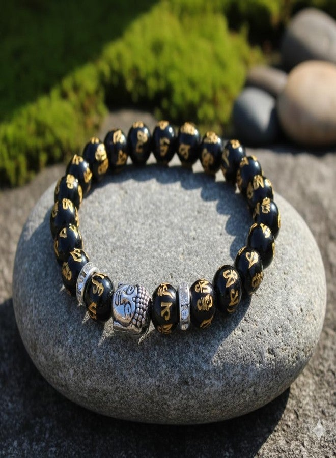 GEMTUB Natural Handcrafted Black Obsidian Om Mani Padme Hum Bracelet with Gold Plated Charm for Men and Women - Image 2