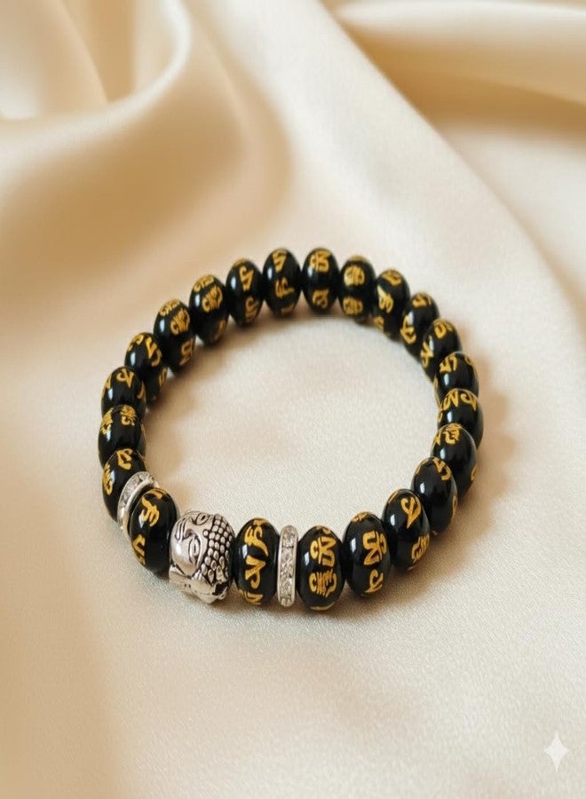 GEMTUB Natural Handcrafted Black Obsidian Om Mani Padme Hum Bracelet with Gold Plated Charm for Men and Women - Image 3