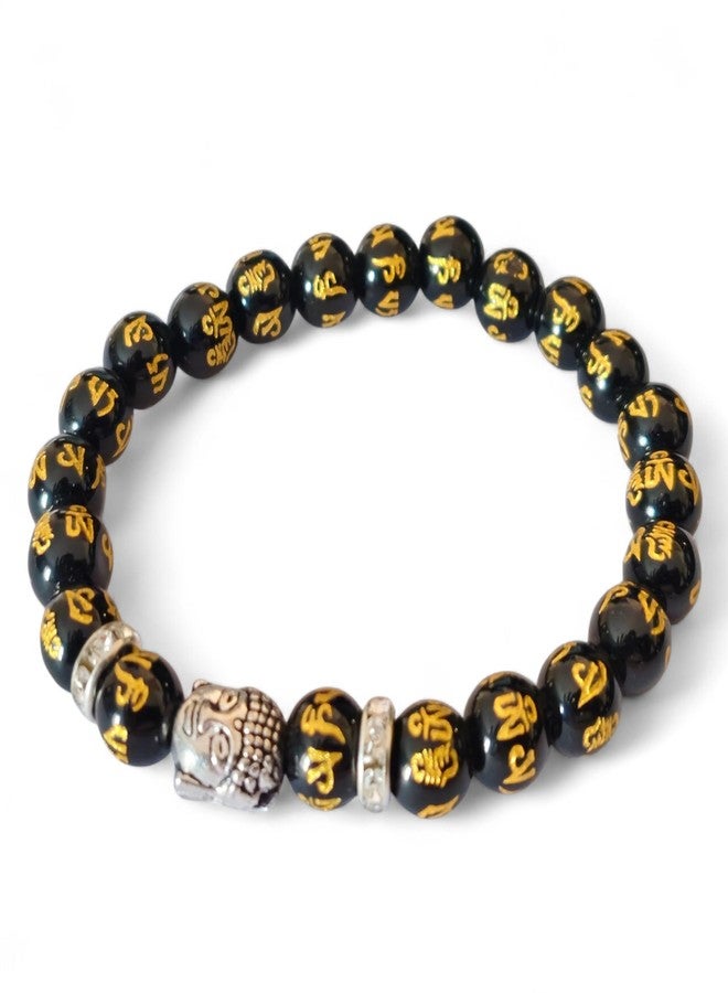 GEMTUB Natural Handcrafted Black Obsidian Om Mani Padme Hum Bracelet with Gold Plated Charm for Men and Women - Image 1