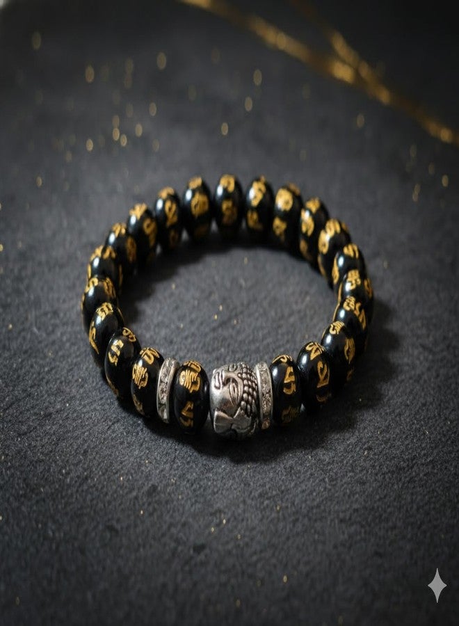 GEMTUB Natural Handcrafted Black Obsidian Om Mani Padme Hum Bracelet with Gold Plated Charm for Men and Women - Image 4