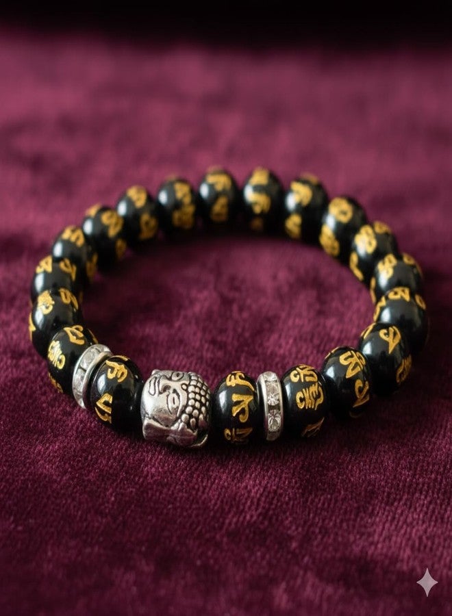 GEMTUB Natural Handcrafted Black Obsidian Om Mani Padme Hum Bracelet with Gold Plated Charm for Men and Women - Image 5