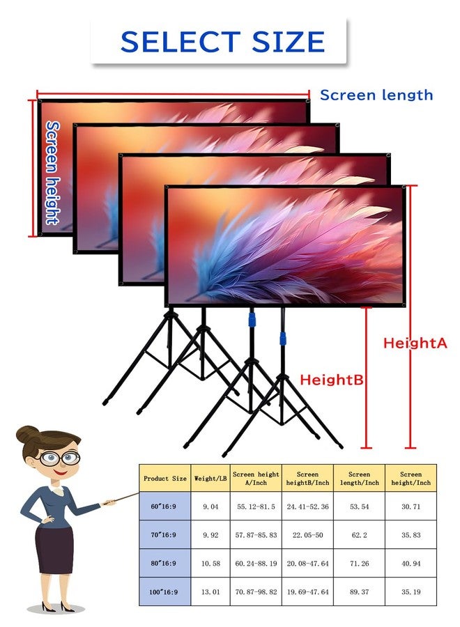 شاشة عرض 4K عالية الوضوح مقاس 60 بوصة للاستخدام الداخلي والخارجي مع حامل - شاشة عرض أفلام مقاومة للتجاعيد بمعامل تضخيم 1.5، زاوية رؤية 160 درجة، حامل ثلاثي القوائم من الألومنيوم قابل للطي، مصنوعة من مادة PVC وألياف زجاجية مركبة مقاومة للماء - Image 4