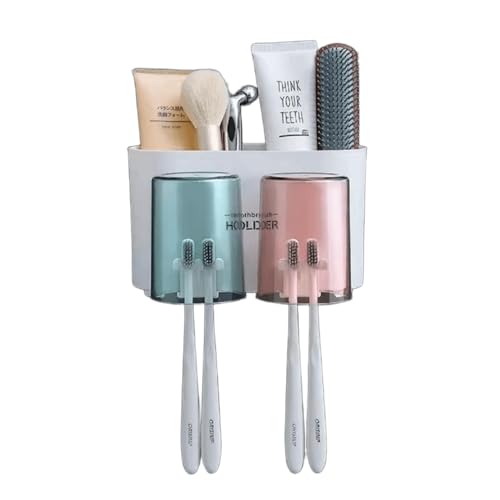 HEMIZA Wall Mounted Toothbrush Holder with 2 Mouthwash Cups Bathroom Organizer Multi-Compartment Dustproof BPA-Free Brush for Storage Tooth Brushes Holders and Paste Stand Wash Basin Kids and Families - Image 1