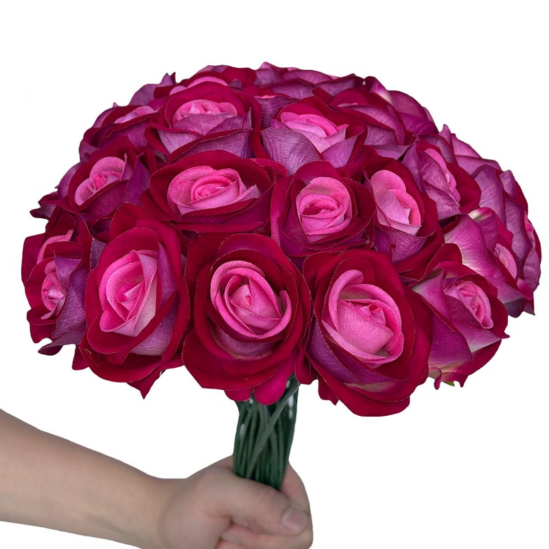 FagusHome 30 Pcs Silk Rose Artificial Flowers Roses Bulk Bouquet Fake Flowers Rose Heads with Stems for Home Wedding Decor (Red Pink) - Image 3