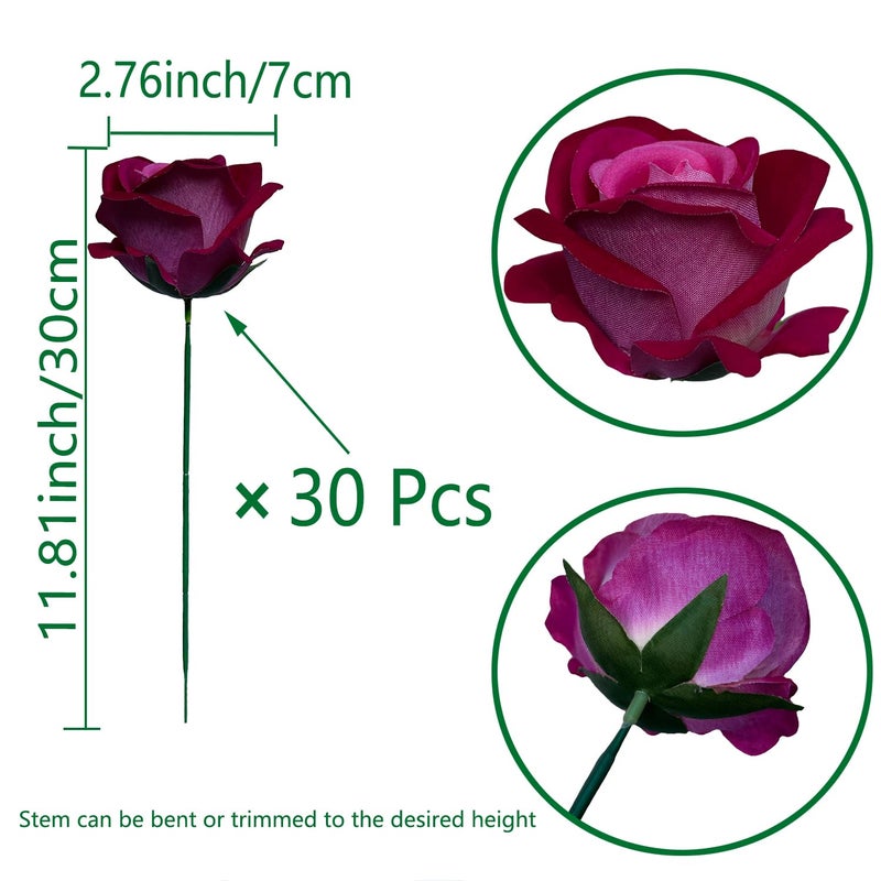FagusHome 30 Pcs Silk Rose Artificial Flowers Roses Bulk Bouquet Fake Flowers Rose Heads with Stems for Home Wedding Decor (Red Pink) - Image 2