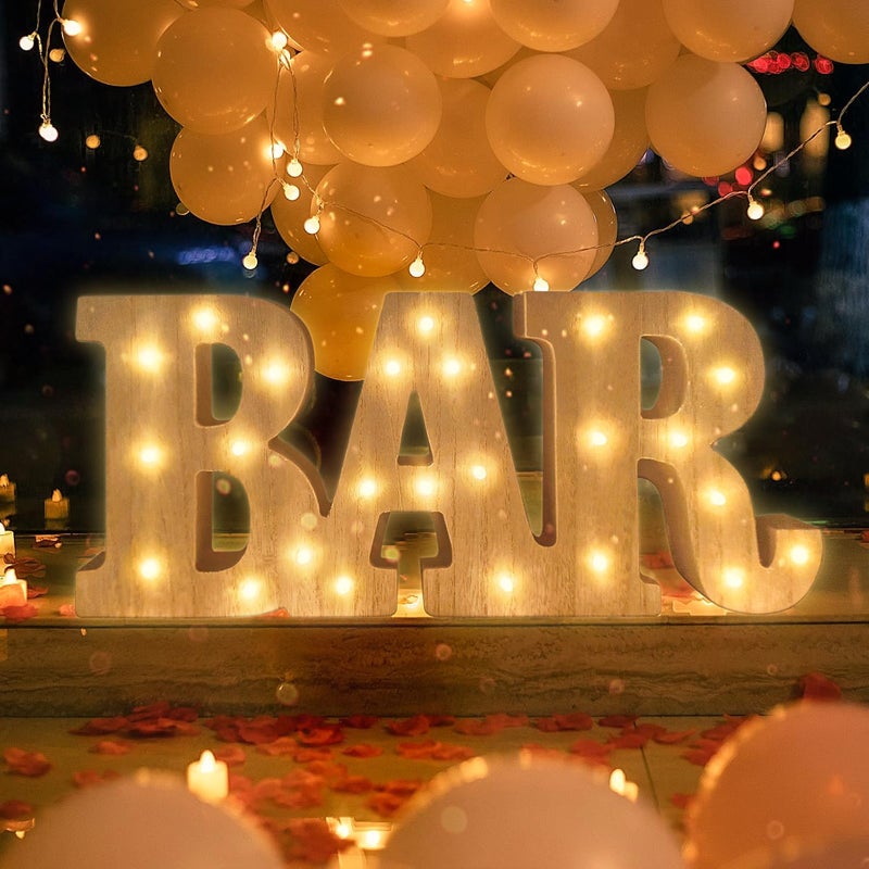 KAMUFU 13.2Ã—5.7Ã—1.2IN Wooden LED BAR Light Up Letters, Warm White Illuminated BAR Letters, LED Marquee Letters Light Up BAR Signs for Home Bar Decor, Bar Decorations for Party, Table Wall Decor - Image 1
