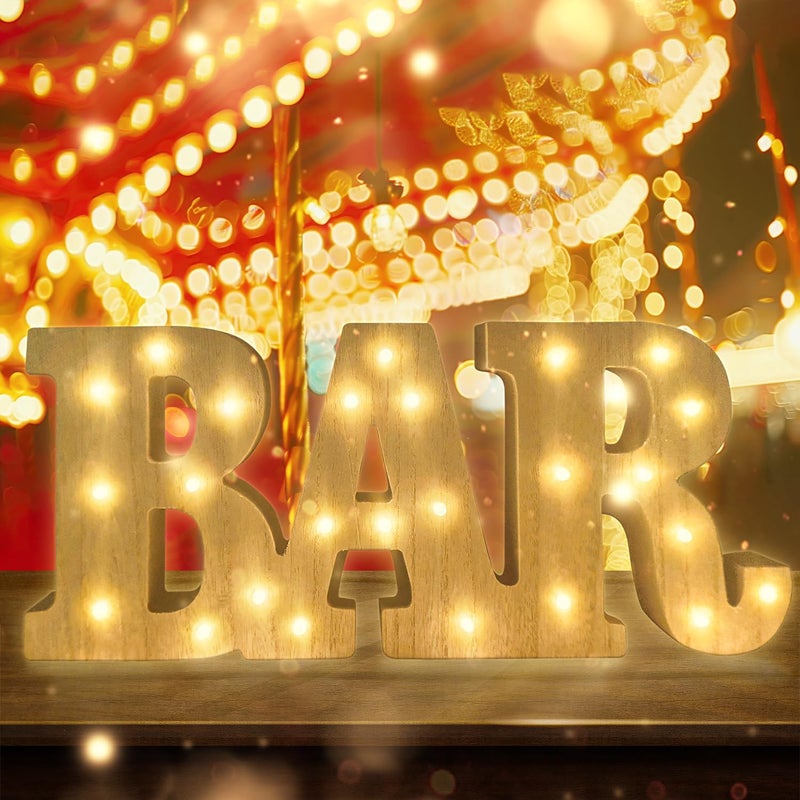 KAMUFU 13.2Ã—5.7Ã—1.2IN Wooden LED BAR Light Up Letters, Warm White Illuminated BAR Letters, LED Marquee Letters Light Up BAR Signs for Home Bar Decor, Bar Decorations for Party, Table Wall Decor - Image 2