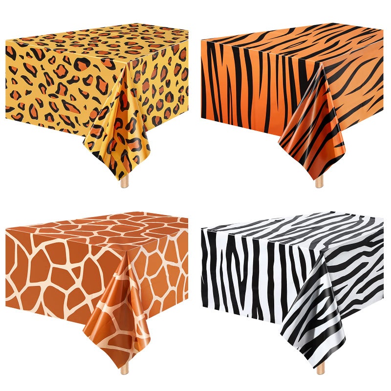 Tatuo Animal Safari Tablecloth Jungle Animal Theme Tablecover Tiger Zebra Giraffe Print Table Cover Tropical Leaf Tablecloth Party Supplies for Jungle Safari Birthday Baby Showers (Leopard Style, 4 Pcs) - Image 1