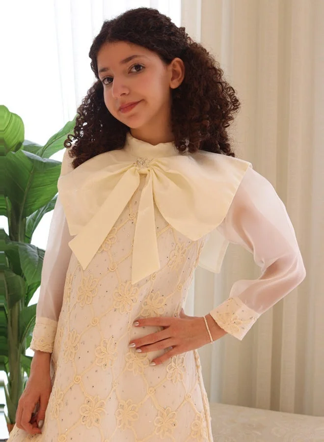 HAWRAA ABAYA Off-White Girls’ Dress with Floral Embroidery, Bow Collar, and Sheer Sleeves