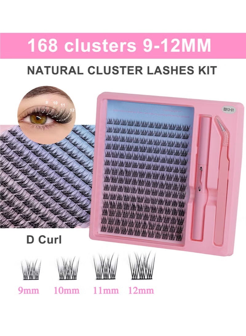 جلامكيت طقم رموش صناعية مكون من ١٦٨ مجموعة، ٩-١٢ مم، رموش صناعية سميكة ومجعّدة على شكل حرف D، رموش طبيعية عنقودية، رموش فردية مع ملقط رموش وفرشاة لاصقة مزدوجة. - Image 1