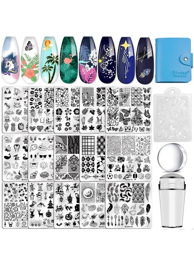 Biutee Nail Stamping Plates Set 15 Pcs Nail Art Stamper Scraper Storage Bag Gift Box Nail Stamp Template Kit Lace Flower Butterfly Star Holiday Sports Design Nail Image Plate - Image 1
