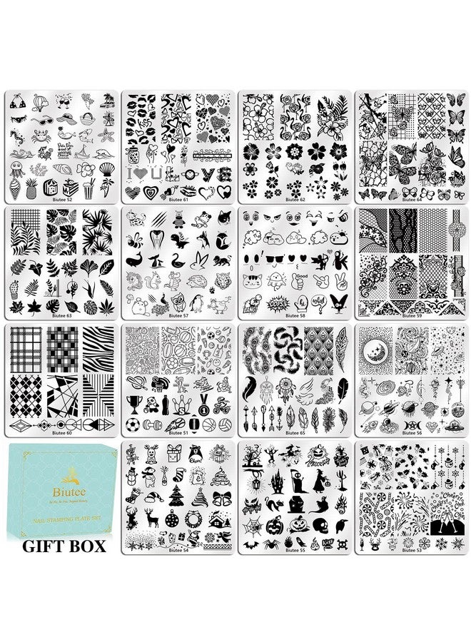 Biutee Nail Stamping Plates Set 15 Pcs Nail Art Stamper Scraper Storage Bag Gift Box Nail Stamp Template Kit Lace Flower Butterfly Star Holiday Sports Design Nail Image Plate - Image 2