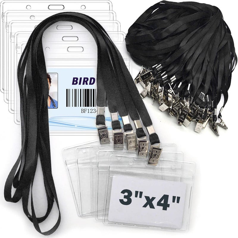 Bird Fiy 4x3 Name Tags Badge Holder with Lanyard 50 Pack Waterproof Horizontal ID Badge Holder and 50 Pcs Lanyards Nametag for Conferences, Events, and Meetings (Black, 4 X 3 inches) - Image 1