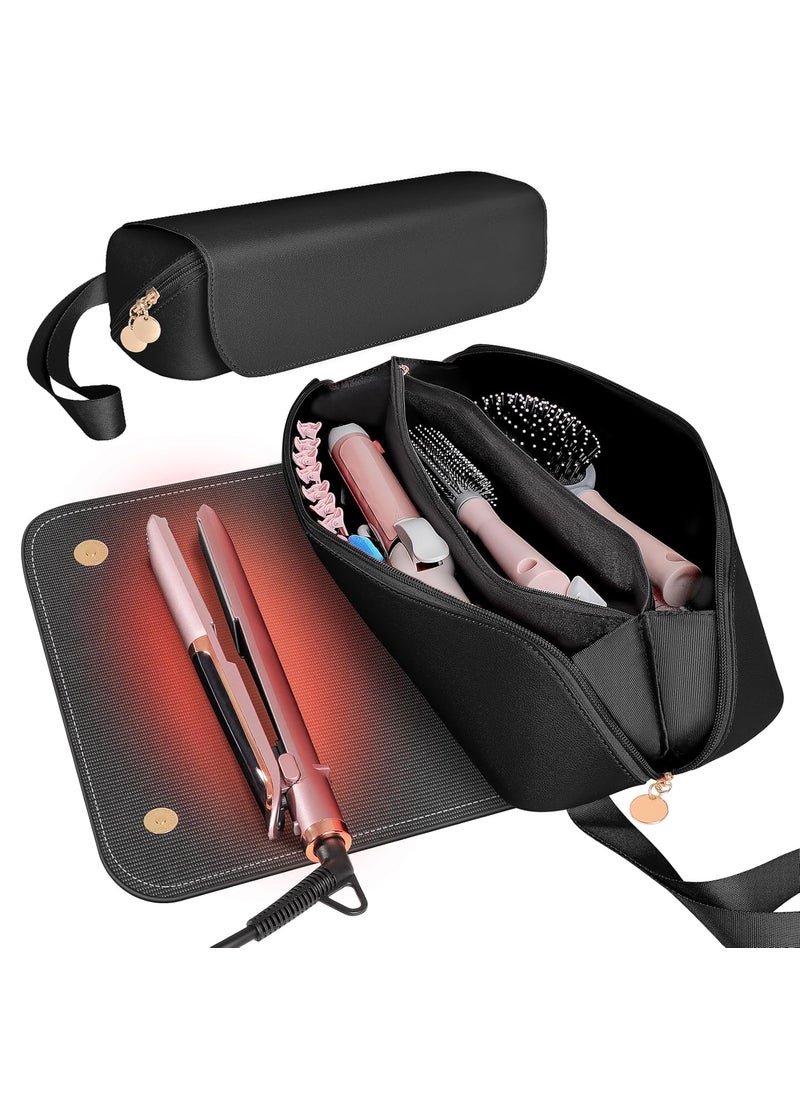 SS - SS Hair Tools Travel Bag and Heat Resistant Mat for Hot Tools, Leather Curling Iron Travel Case for Hair Tools, Portable Travel Essentials for Women, Black - Image 1