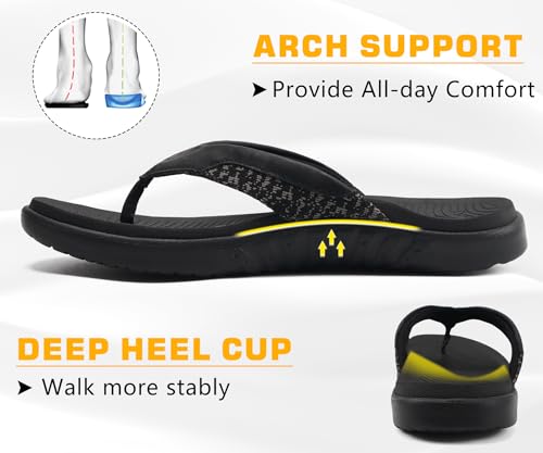 ONCAI Mens Flip Flops, Comfort Orthotic Plantar Fasciitis Beach Sport Athletic Soft Thong Sandals with Yoga Foam Arch Support Black Size 11.5 - Image 3