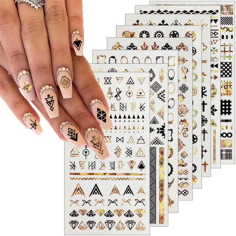 winthrop 8 Sheets Geometric Nail Art Stickers Black Gold Geometry Triangular Rhombus Minimalist 3D Design SelfAdhesive Nail Art Decals DIY Manicure Decoration Supplies Accessories for Women Girls - Image 3