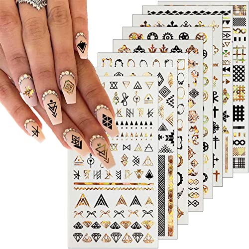 winthrop 8 Sheets Geometric Nail Art Stickers Black Gold Geometry Triangular Rhombus Minimalist 3D Design SelfAdhesive Nail Art Decals DIY Manicure Decoration Supplies Accessories for Women Girls - Image 1