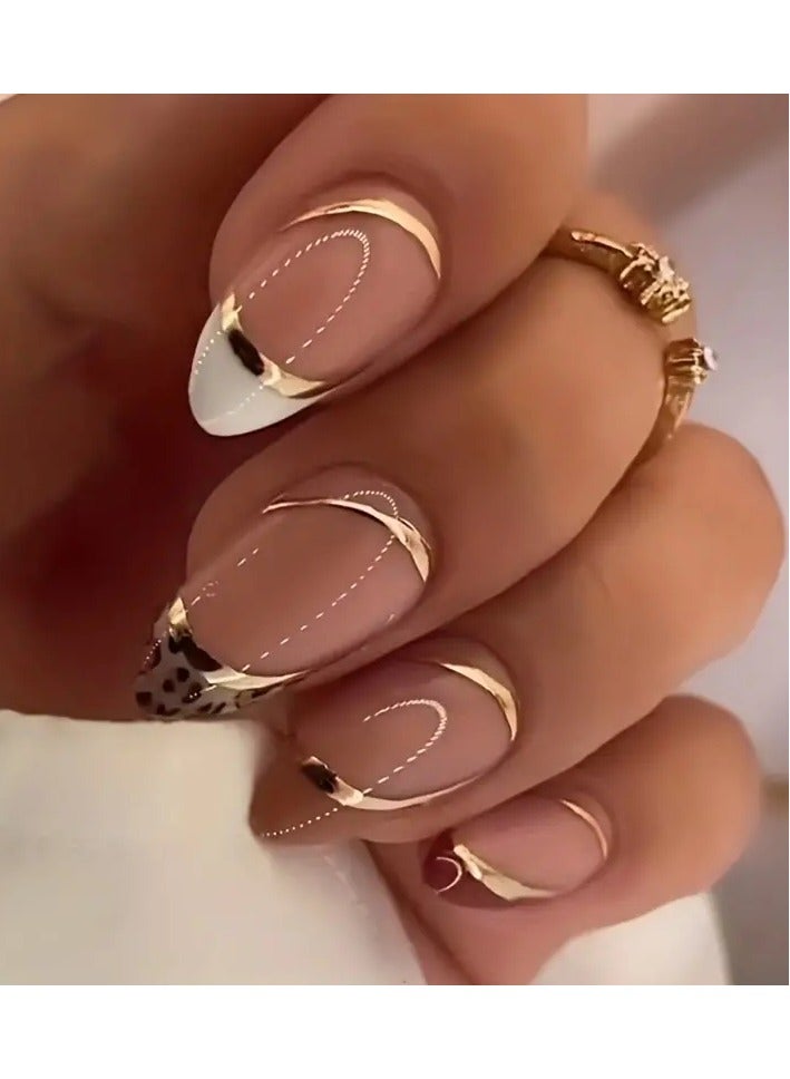 ORiTi أظافر صناعية قصيرة على شكل لوز بطبعة الفهد باللون الوردي - أظافر أكريليك مزيفة مع طرف أبيض للنساء والفتيات - سهلة التطبيق ودائمة - Image 1