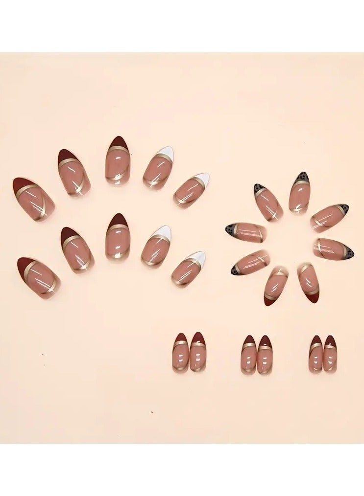 ORiTi أظافر صناعية قصيرة على شكل لوز بطبعة الفهد باللون الوردي - أظافر أكريليك مزيفة مع طرف أبيض للنساء والفتيات - سهلة التطبيق ودائمة - Image 5