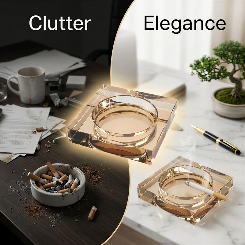 Gold Electroplated Crystal Ashtray, Transparent Artificial Material with Square Straight Holes, Stable Desk Holder for Office and Hotel Decoration, 3.9 x 3.9 x 1.0 in - Image 2