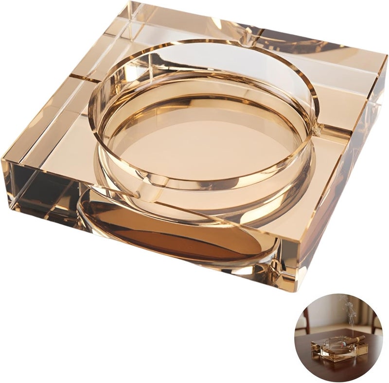 Gold Electroplated Crystal Ashtray, Transparent Artificial Material with Square Straight Holes, Stable Desk Holder for Office and Hotel Decoration, 3.9 x 3.9 x 1.0 in - Image 1