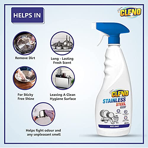 Cleno Stainless Steel Cleaner Spray Cleans Stainless Steel Surfaces/Stainless Steel Bottle/Kitchen Stainless Steel Appliances/Countertops- 450 ml (Ready to Use) - Image 3