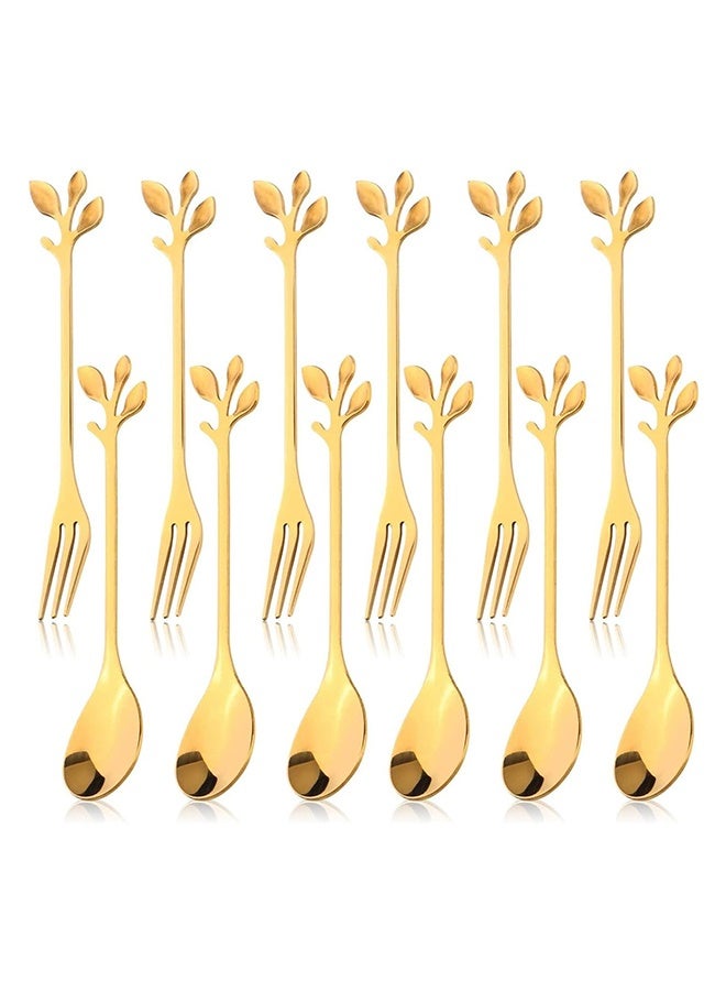 12pcs Stainless Steel Gold Leaf Coffee Spoon and Cake Fruit Forks Kitchen Accessory Wedding Party for Dessert, Salad, Appetizer, Spoon and Fork Set(6 Forks + 6 Spoons) (Gold)  - Image 1