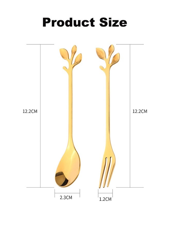 12pcs Stainless Steel Gold Leaf Coffee Spoon and Cake Fruit Forks Kitchen Accessory Wedding Party for Dessert, Salad, Appetizer, Spoon and Fork Set(6 Forks + 6 Spoons) (Gold)  - Image 2