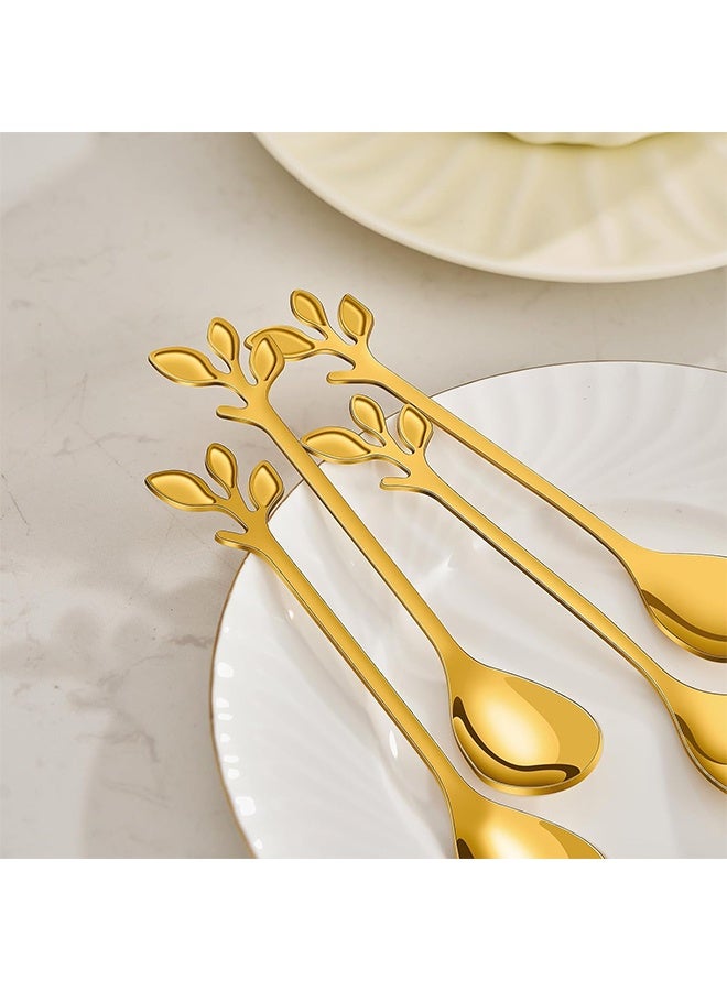 12pcs Stainless Steel Gold Leaf Coffee Spoon and Cake Fruit Forks Kitchen Accessory Wedding Party for Dessert, Salad, Appetizer, Spoon and Fork Set(6 Forks + 6 Spoons) (Gold)  - Image 4