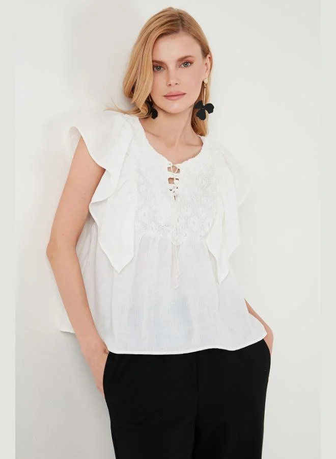 Lela Lela Regular Fit Front-Tie Ruffled Blouse Women's Blouse 611FB20064