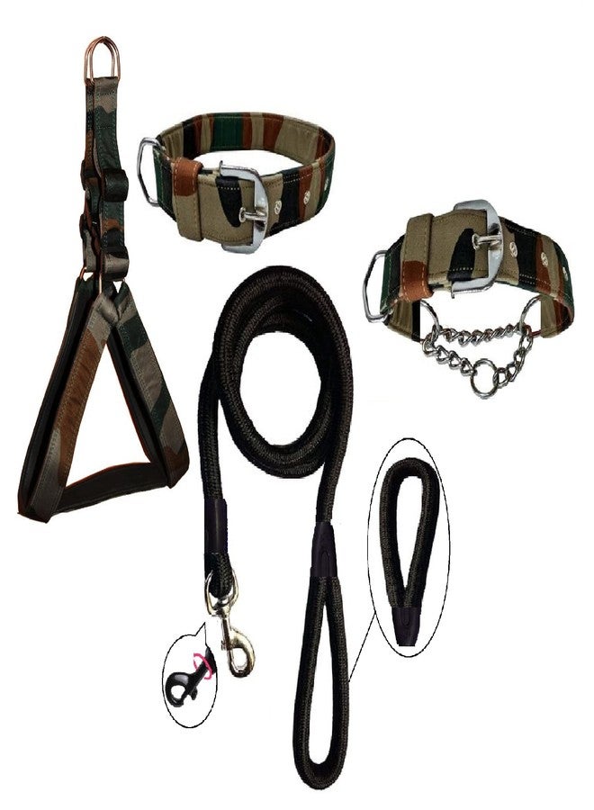 Hachiko:-(Combo of 4) Amazing Quality Nylon Padded Adjustable Dog Harness+Choke Collar+Collar+Rope(Large,Army-Black) - Image 1