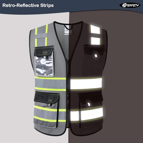 JKSafety سترات السلامة العاكسة عالية الوضوح من JKSafety للرجال والنساء مع جيوب من قماش شبكي (220-رمادي L) - Image 2