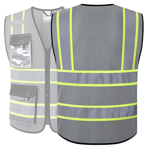 JKSafety سترات السلامة العاكسة عالية الوضوح من JKSafety للرجال والنساء مع جيوب من قماش شبكي (220-رمادي L) - Image 5